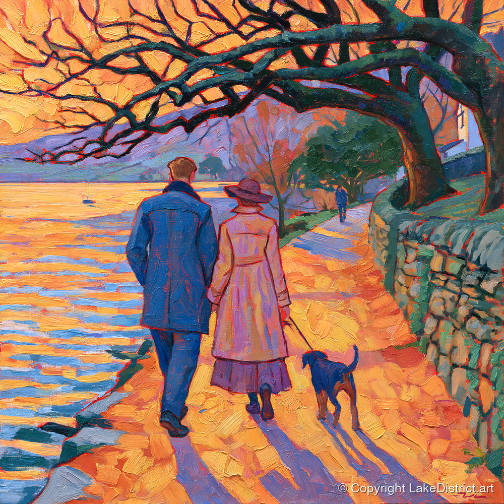 Sunset Dog Walk at Hawkshead - gifts for dog walkers art print and canvas by Celia Harding A.I