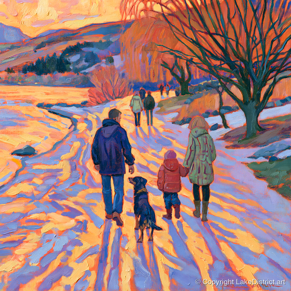 Sunset Dog Walk at Keswick - gifts for dog walkers art print and canvas by Celia Harding A.I