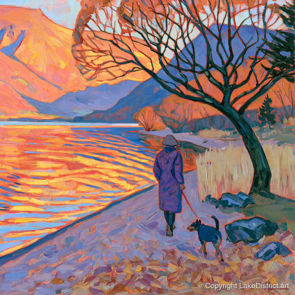 Sunset Dog Walk at Ullswater - gifts for dog walkers art print and canvas by Celia Harding A.I