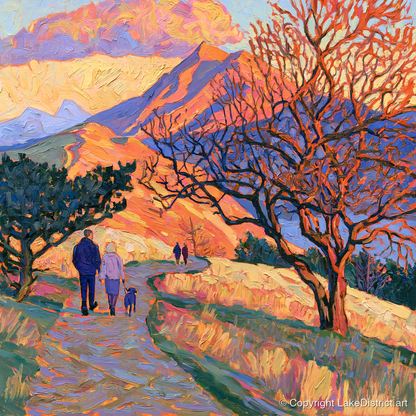 Sunset Dog Walk on Cat Bells - gifts for dog walkers art print and canvas by Celia Harding A.I
