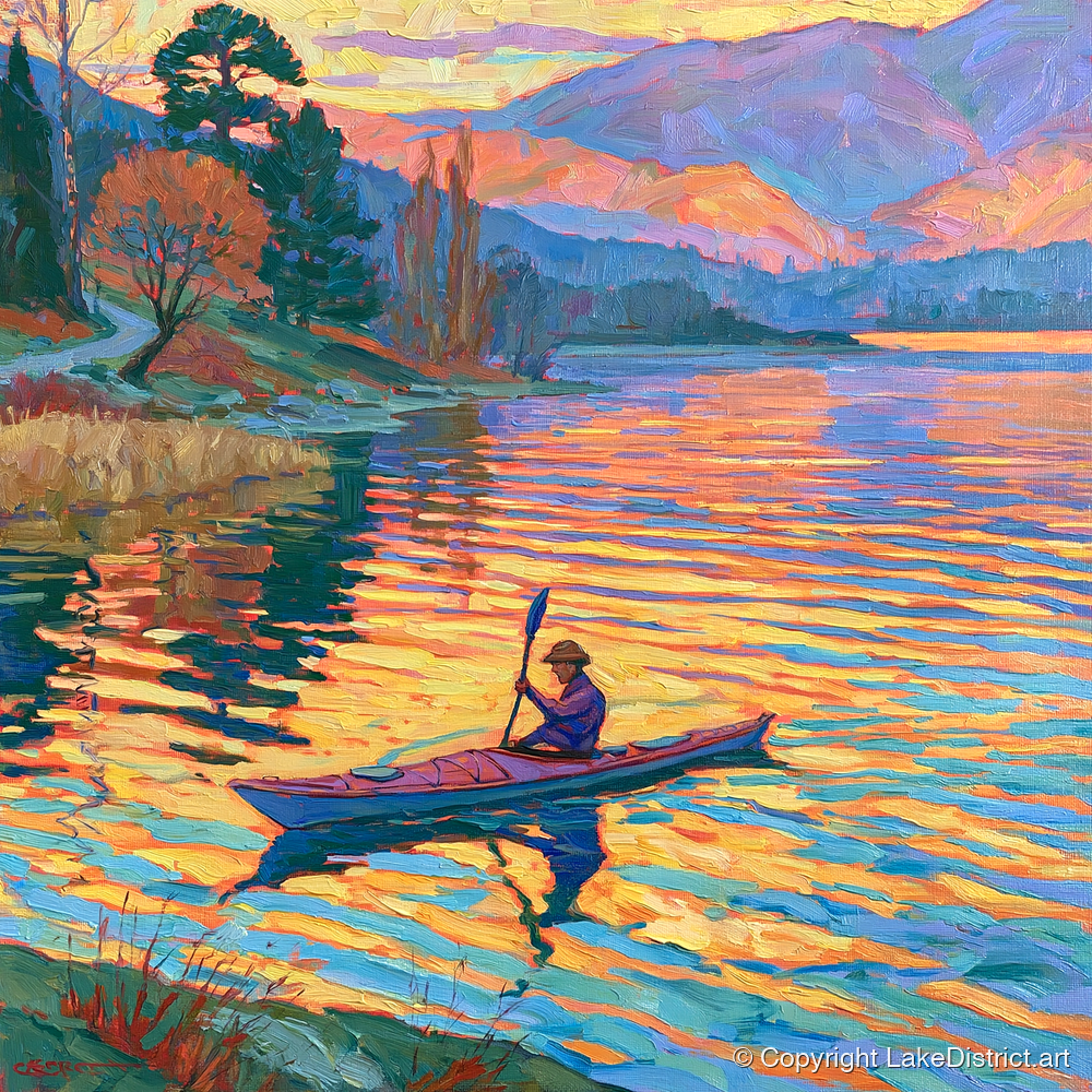 Sunset Kayaker on the Lake - lake district walking art print and canvas by Celia Harding A.I