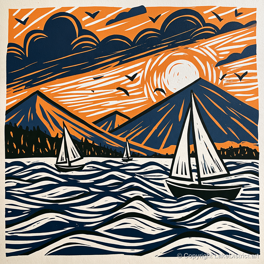 Sunset Sailboats on Derwentwater - lake district lake art print and canvas by Leon Baxter A.I