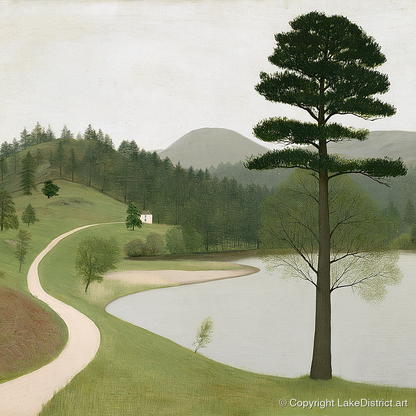 Tall Pine at Tarn Hows - lake district lake art print and canvas by Benedict Croft A.I