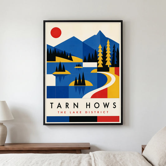 Tarn Hows travel poster in a black frame, hanging in a bedroom3