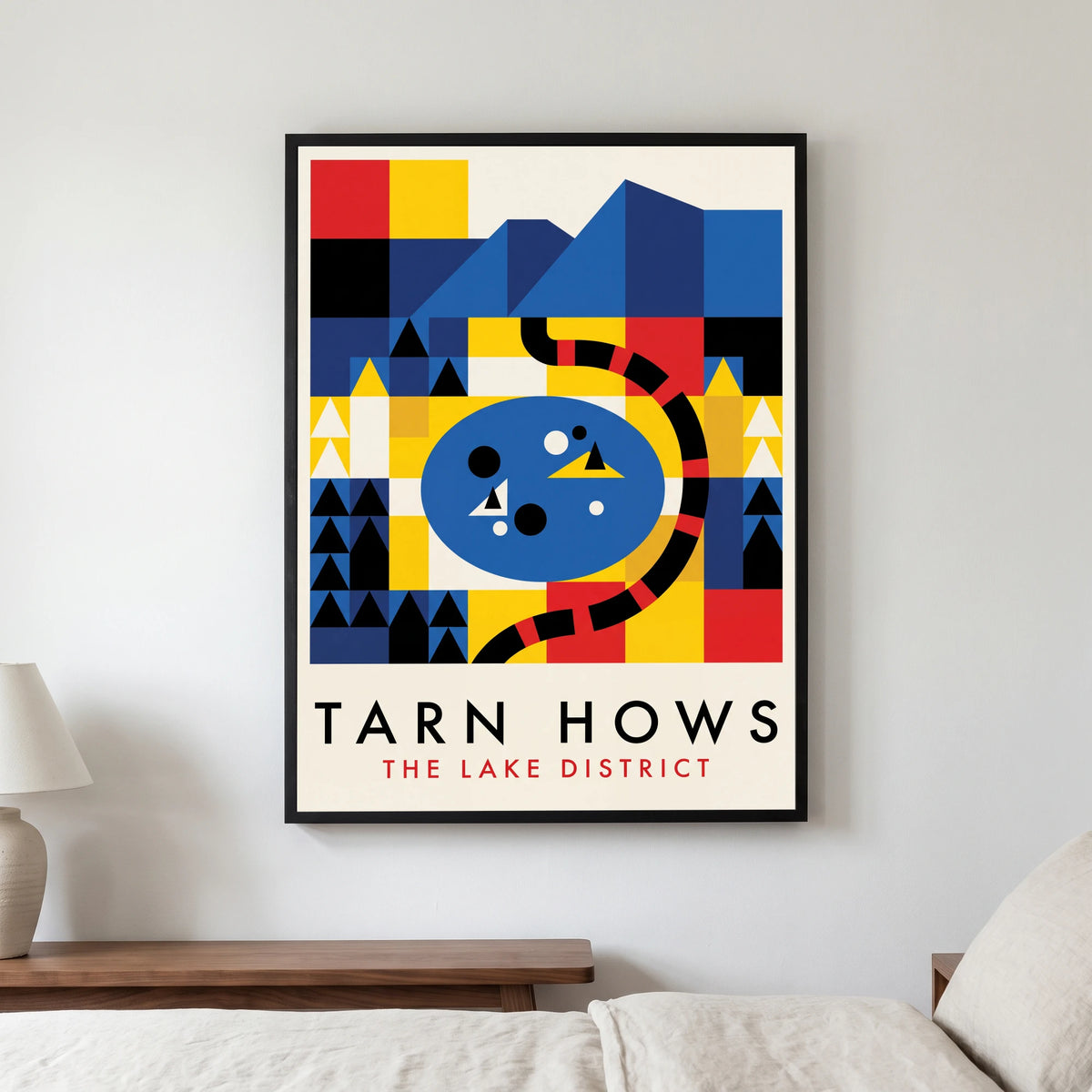 Tarn Hows travel poster in a black frame, hanging in a bedroom3