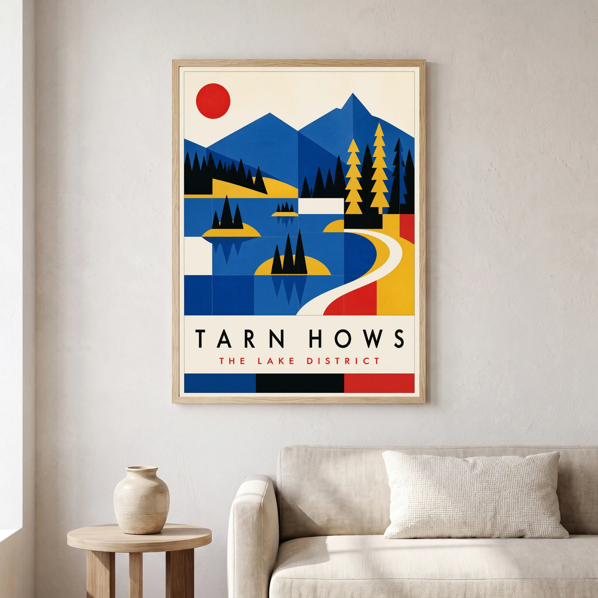 Tarn Hows travel poster in a natural frame, hanging in a living