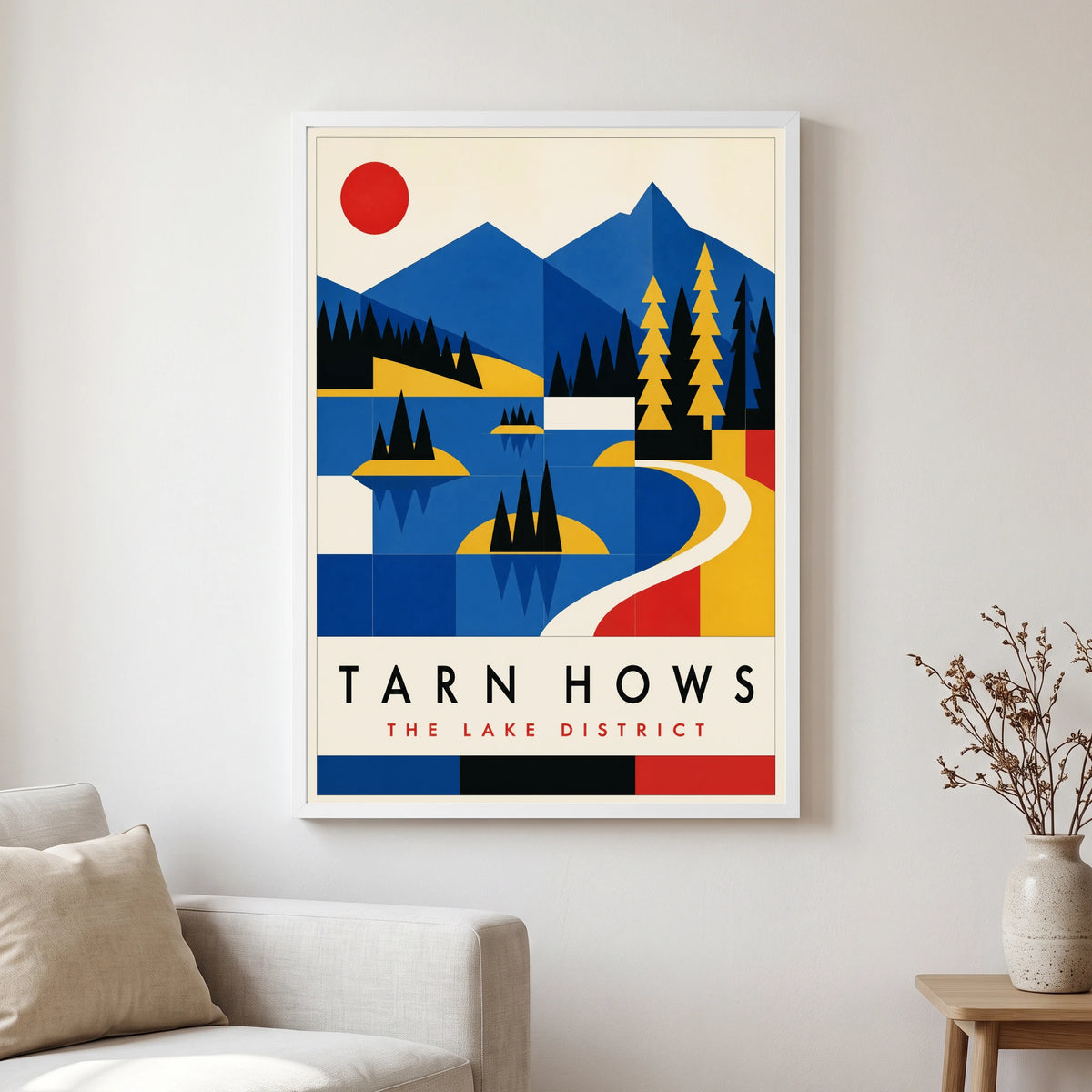 Tarn Hows travel poster in a white frame, hanging in a living2