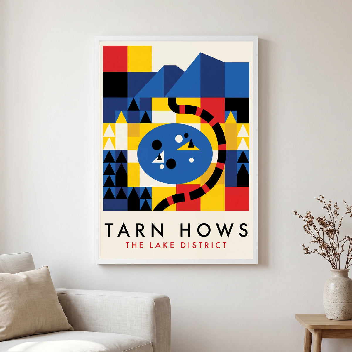 Tarn Hows travel poster in a white frame, hanging in a living2