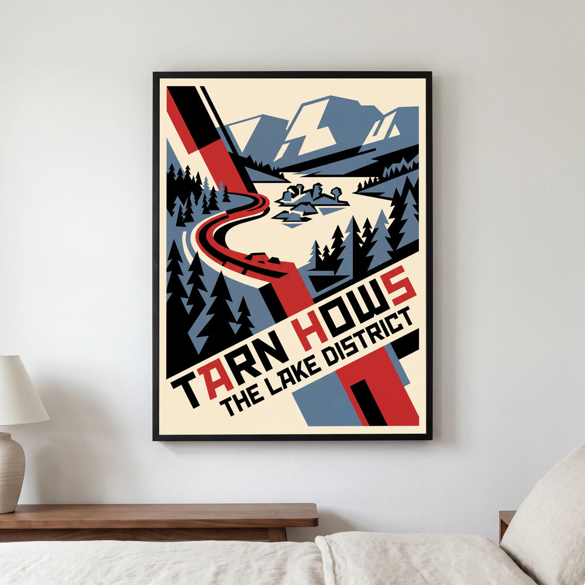 Tarn Hows travel poster in a black frame, hanging in a bedroom3