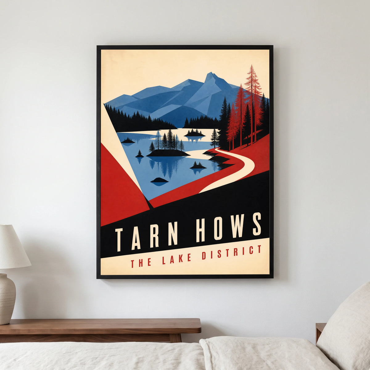 Tarn Hows travel poster in a black frame, hanging in a bedroom3