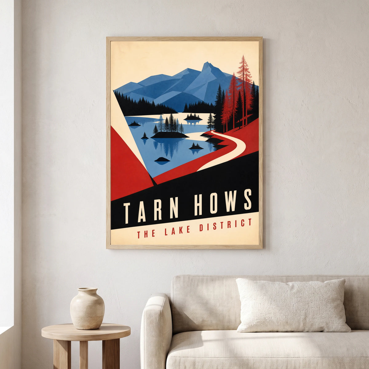 Tarn Hows travel poster in a natural frame, hanging in a living
