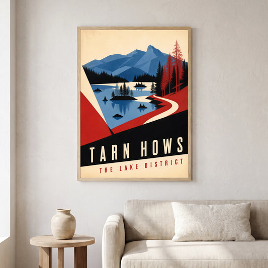 Tarn Hows travel poster in a natural frame, hanging in a living