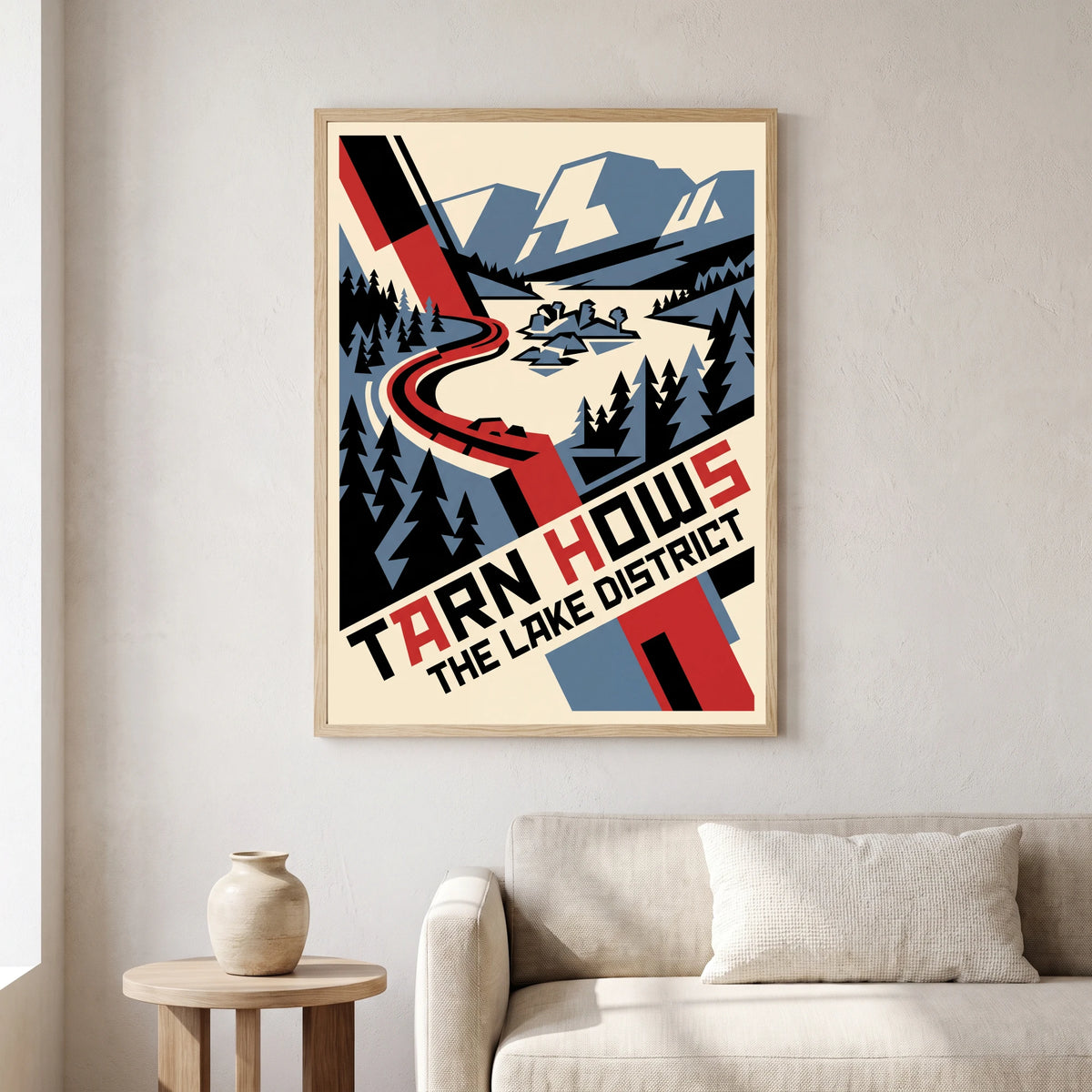 Tarn Hows travel poster in a natural frame, hanging in a living
