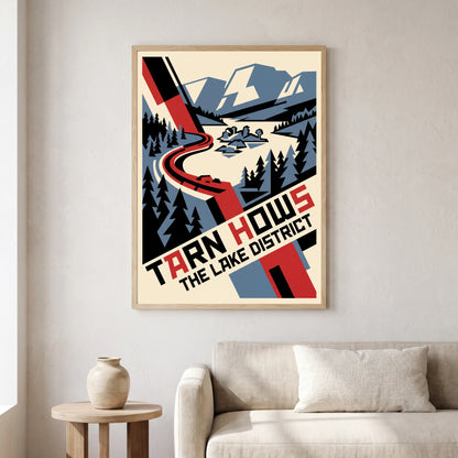 Tarn Hows travel poster in a natural frame, hanging in a living