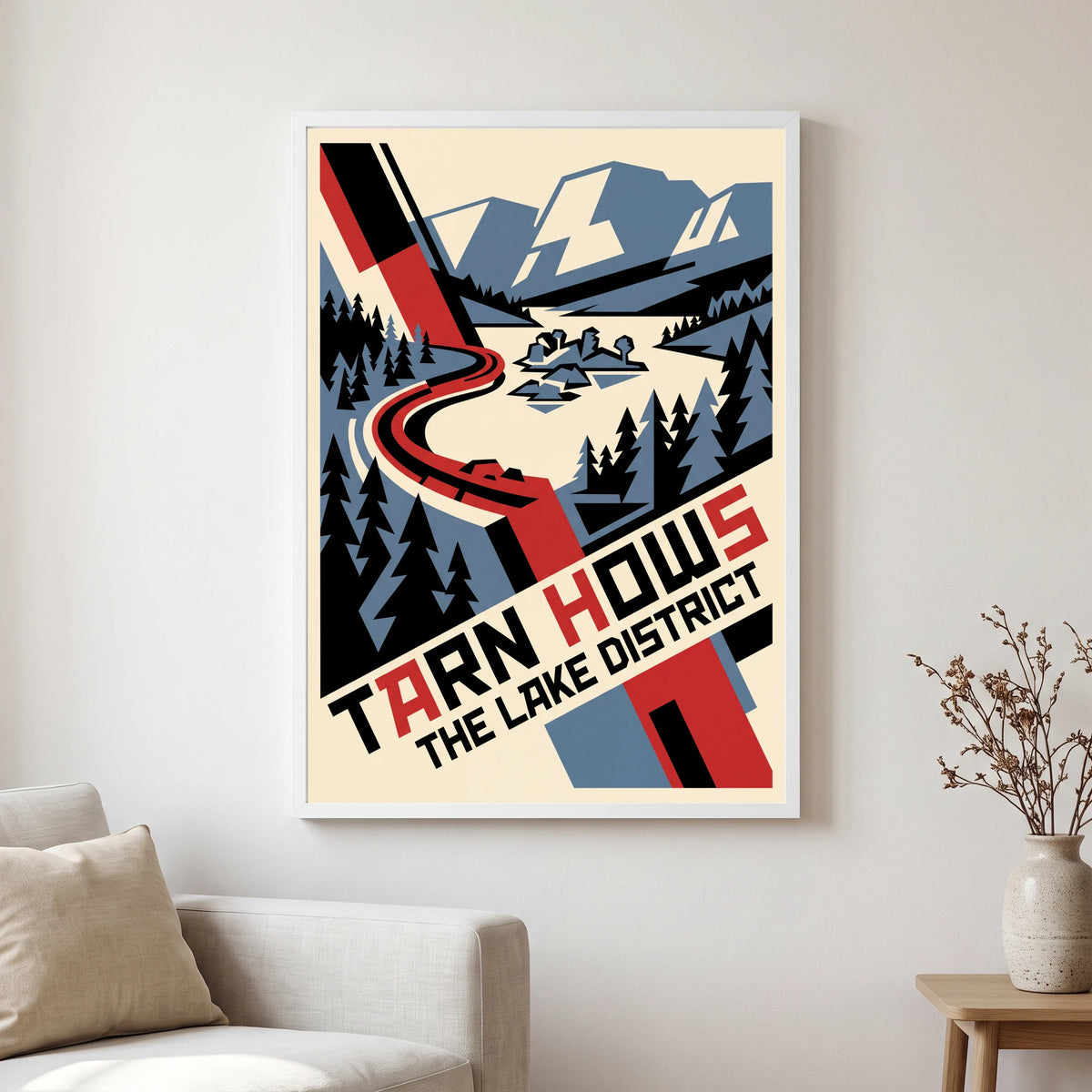 Tarn Hows travel poster in a white frame, hanging in a living2