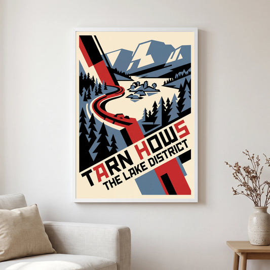 Tarn Hows travel poster in a white frame, hanging in a living2