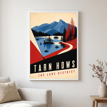 Tarn Hows travel poster in a white frame, hanging in a living2