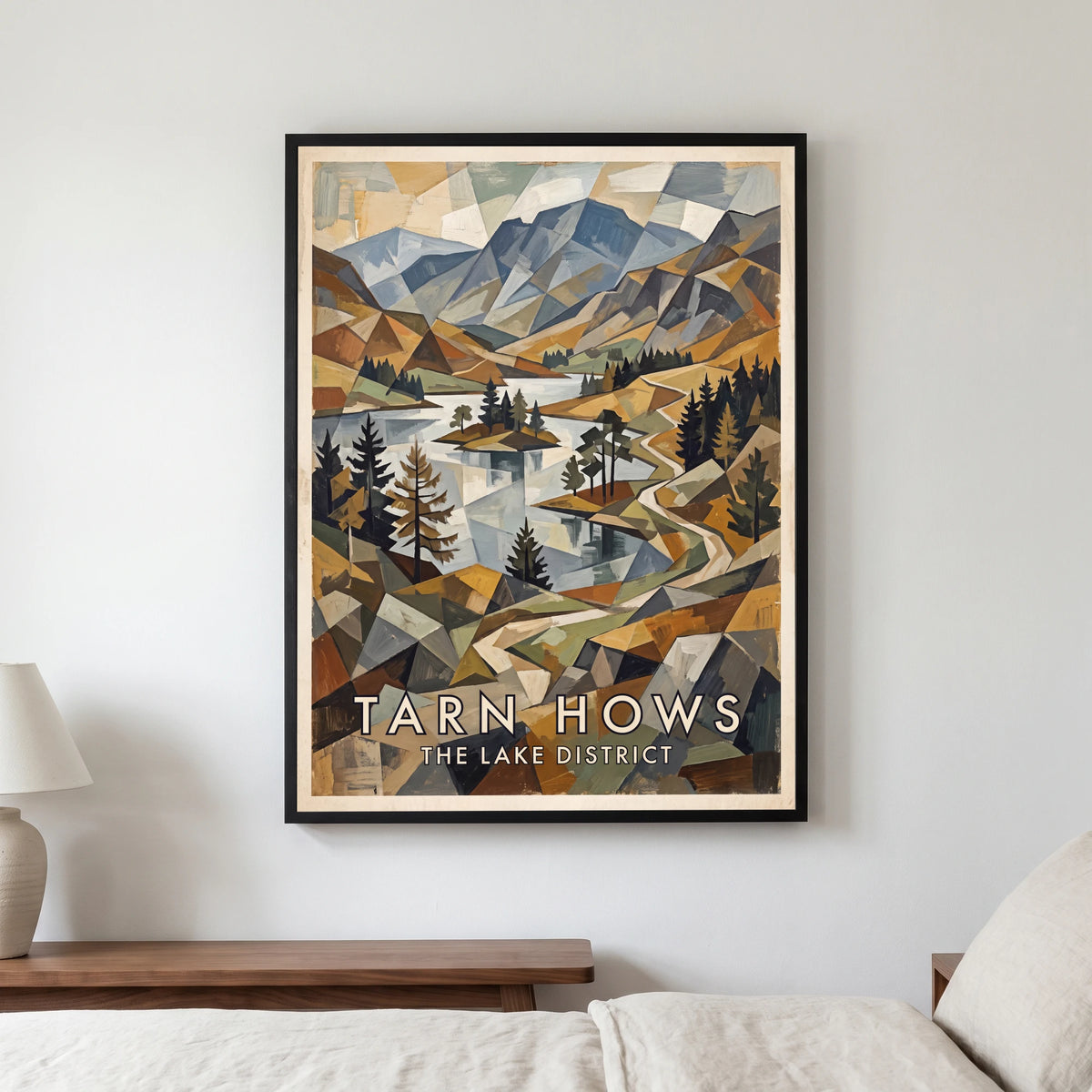 Tarn Hows travel poster in a black frame, hanging in a bedroom3