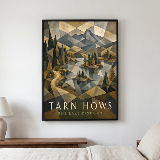 Tarn Hows travel poster in a black frame, hanging in a bedroom3