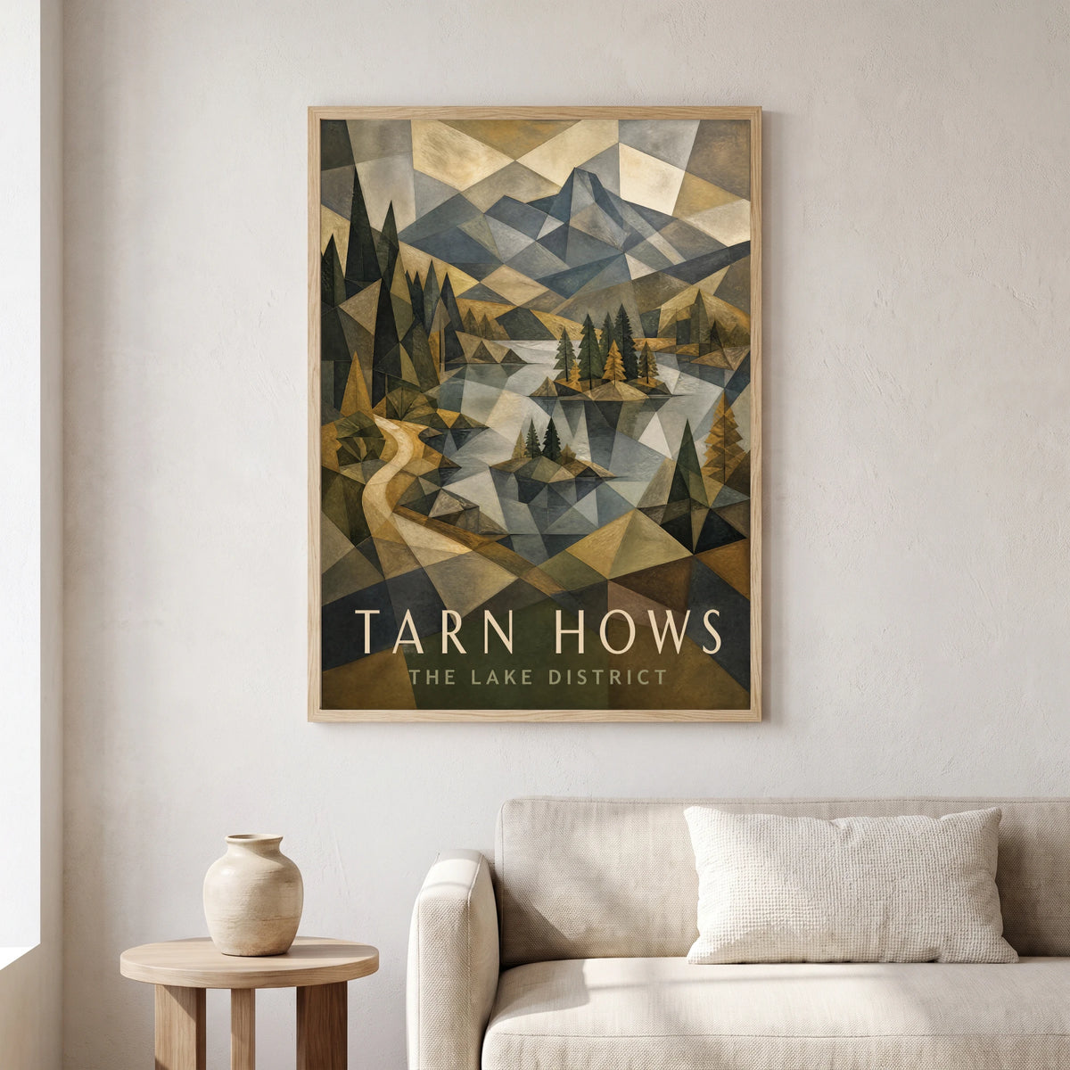 Tarn Hows travel poster in a natural frame, hanging in a living