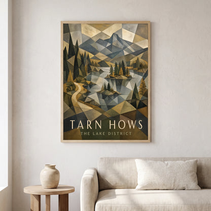 Tarn Hows travel poster in a natural frame, hanging in a living