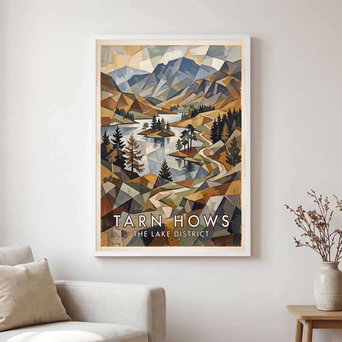 Tarn Hows travel poster in a white frame, hanging in a living2