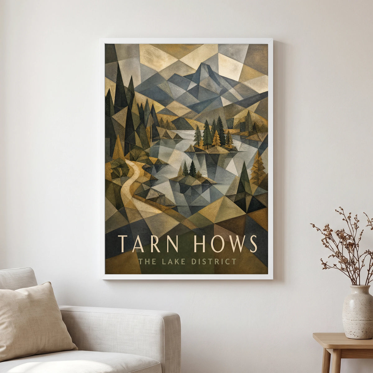 Tarn Hows travel poster in a white frame, hanging in a living2