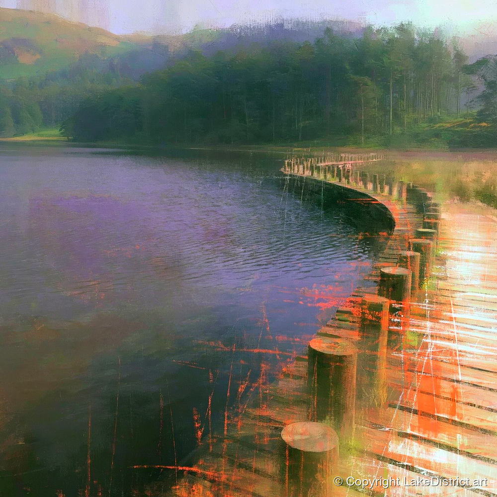 Tarn Hows Curving Boardwalk - lake district lake art print and canvas by Rupert Kingsley A.I