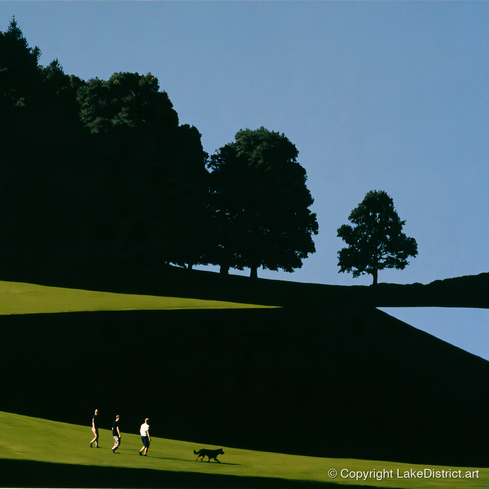Tarn Hows Dog Walk Silhouettes - gifts for dog walkers art print and canvas by Adelaide Calloway A.I