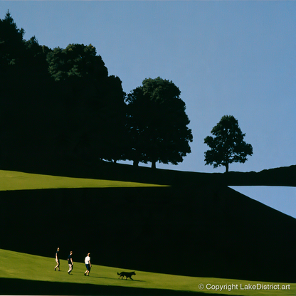 Tarn Hows Dog Walk Silhouettes - gifts for dog walkers art print and canvas by Adelaide Calloway A.I