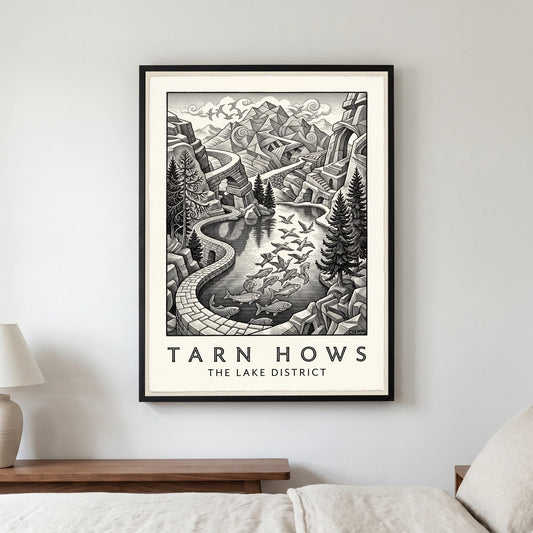 Tarn Hows travel poster in a black frame, hanging in a bedroom3