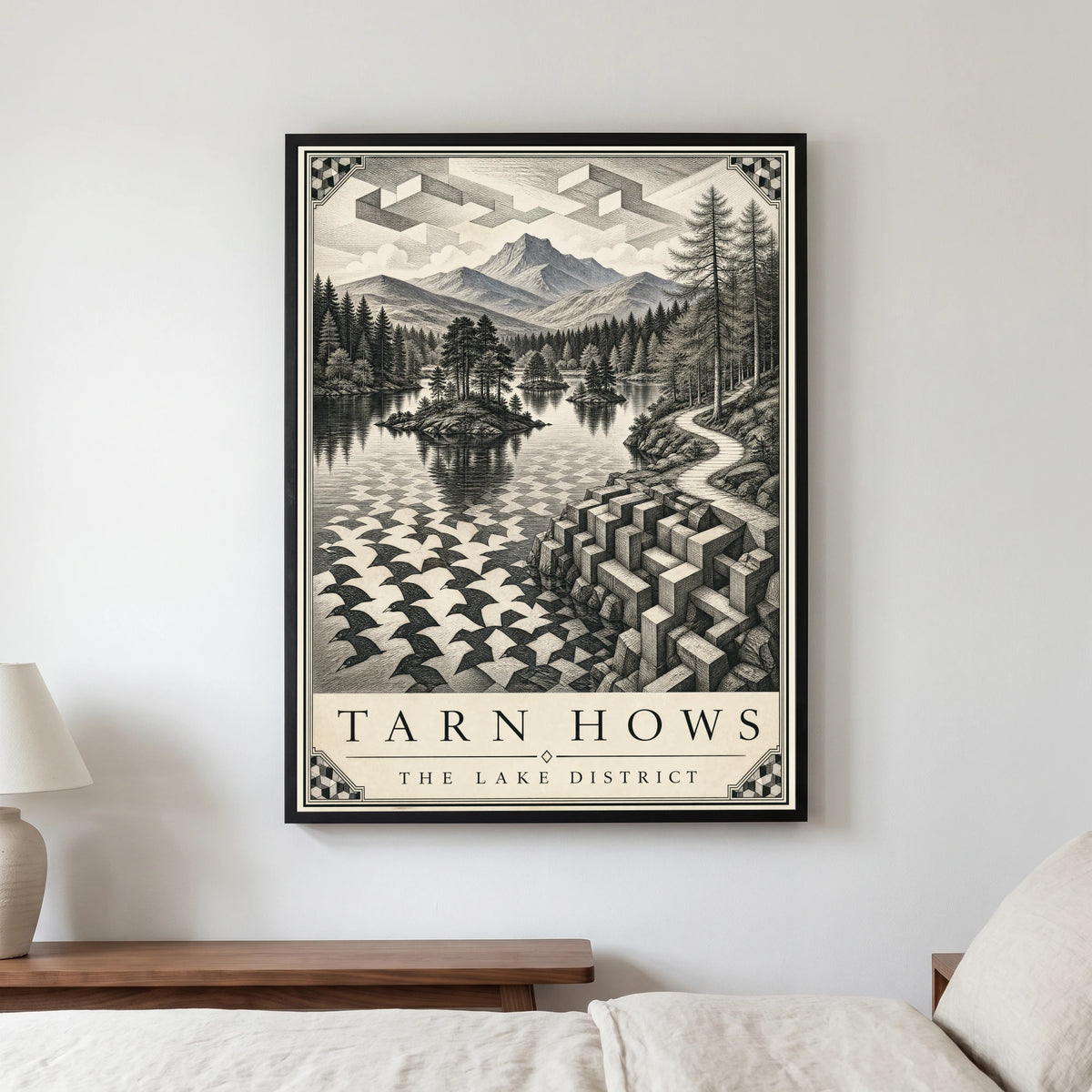 Tarn Hows travel poster in a black frame, hanging in a bedroom3