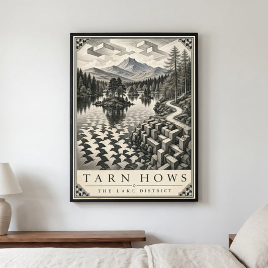 Tarn Hows travel poster in a black frame, hanging in a bedroom3