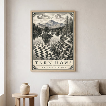 Tarn Hows travel poster in a natural frame, hanging in a living