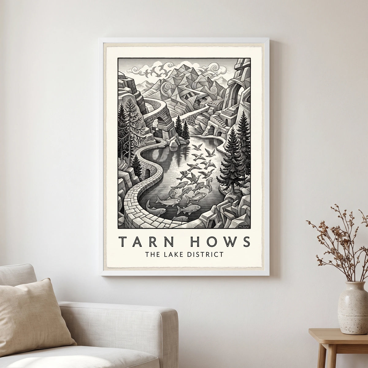 Tarn Hows travel poster in a white frame, hanging in a living2