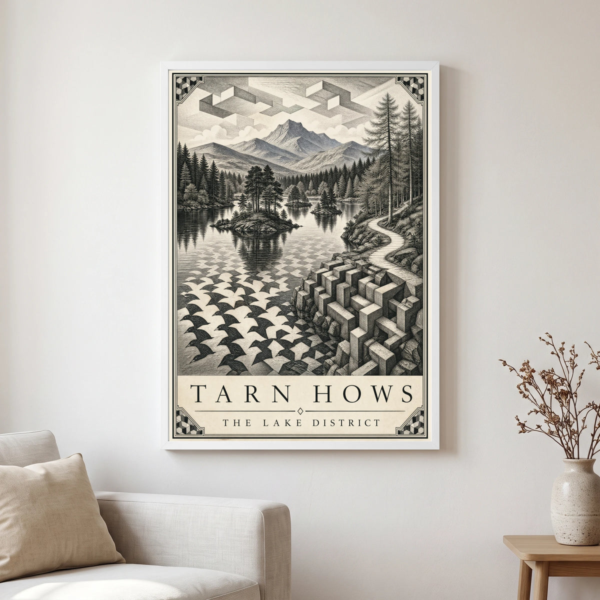 Tarn Hows travel poster in a white frame, hanging in a living2