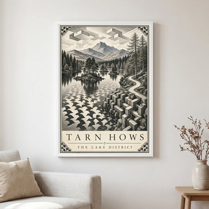 Tarn Hows travel poster in a white frame, hanging in a living2
