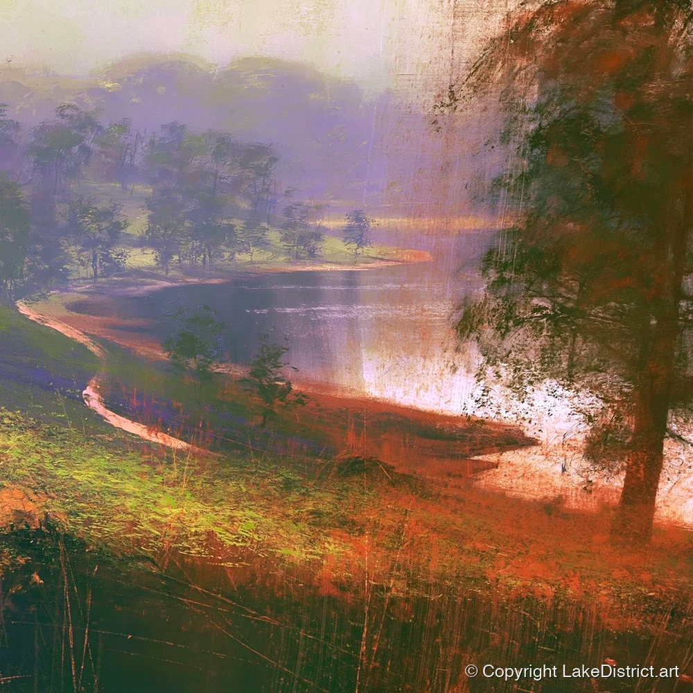 Tarn Hows in Violet Mist - lake district lake art print and canvas by Rupert Kingsley A.I