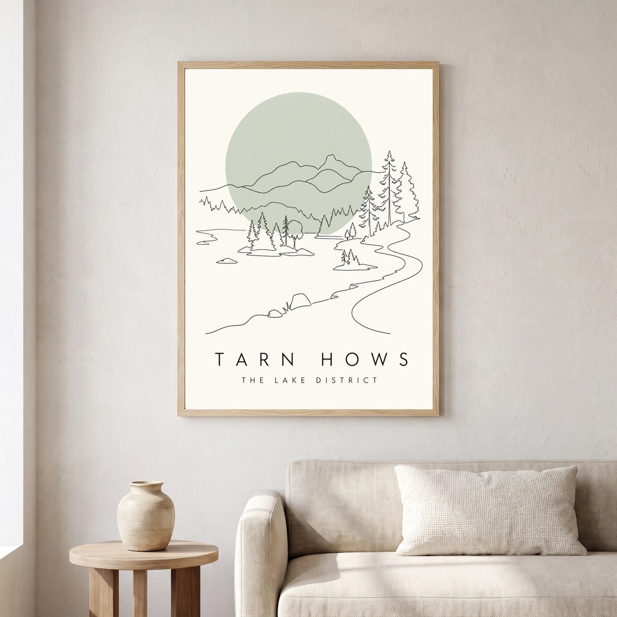 Tarn Hows travel poster in a natural frame, hanging in a living
