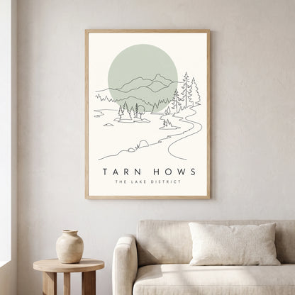 Tarn Hows travel poster in a natural frame, hanging in a living
