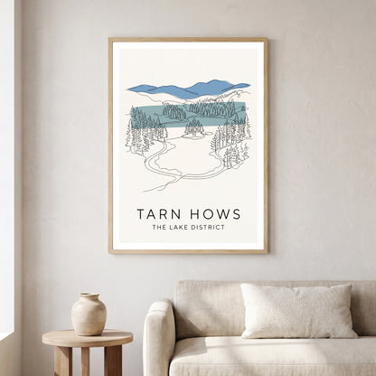 Tarn Hows travel poster in a natural frame, hanging in a living