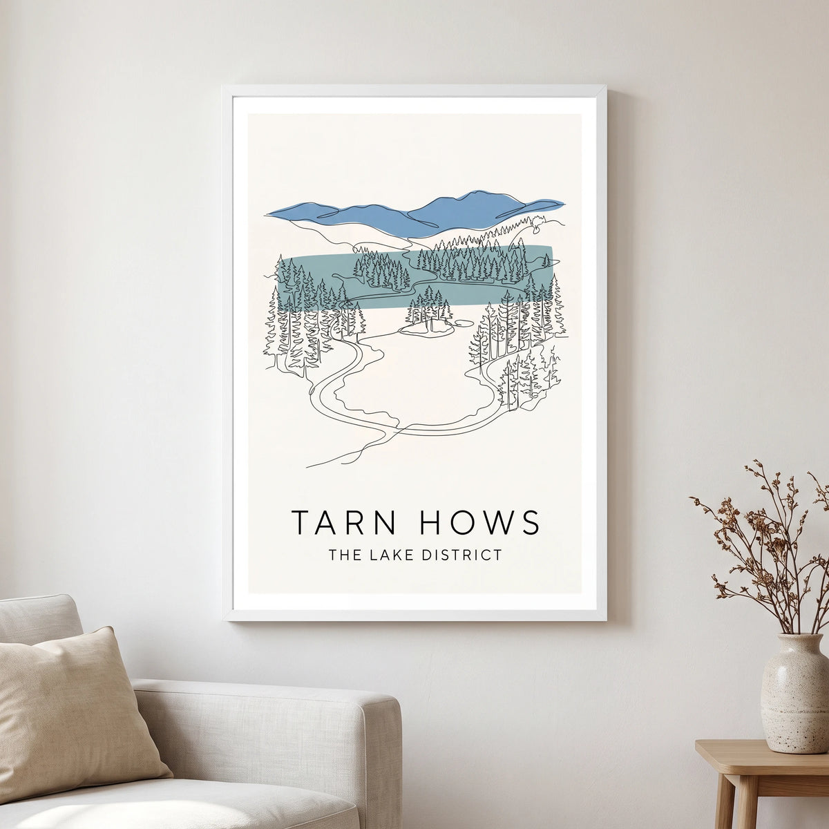 Tarn Hows travel poster in a white frame, hanging in a living2