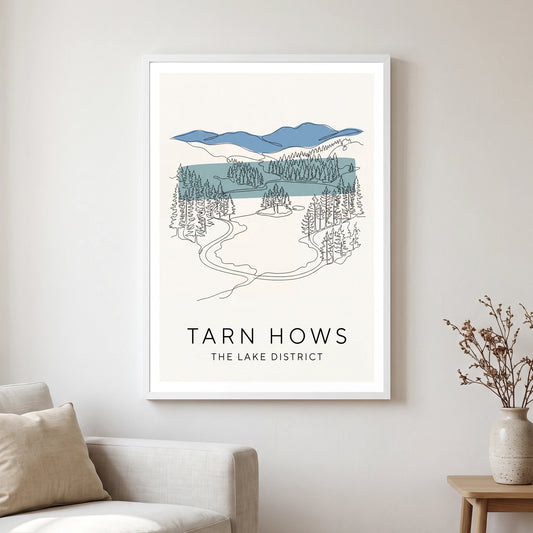 Tarn Hows travel poster in a white frame, hanging in a living2