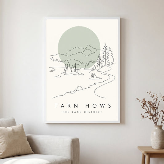 Tarn Hows travel poster in a white frame, hanging in a living2