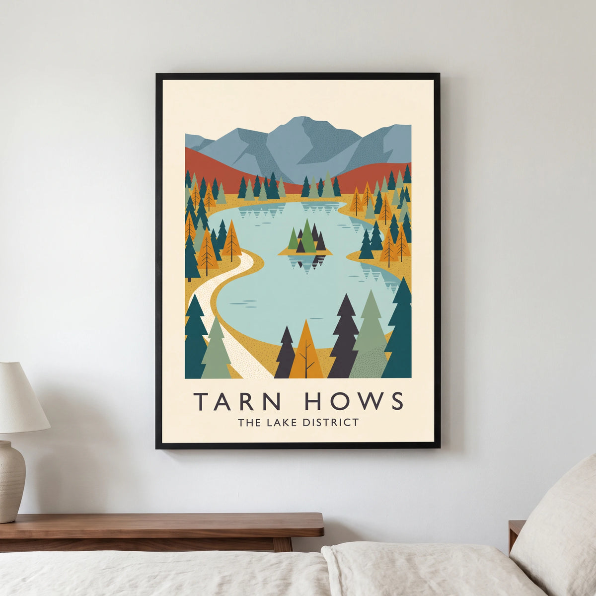 Tarn Hows travel poster in a black frame, hanging in a bedroom3