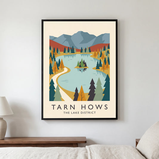 Tarn Hows travel poster in a black frame, hanging in a bedroom3