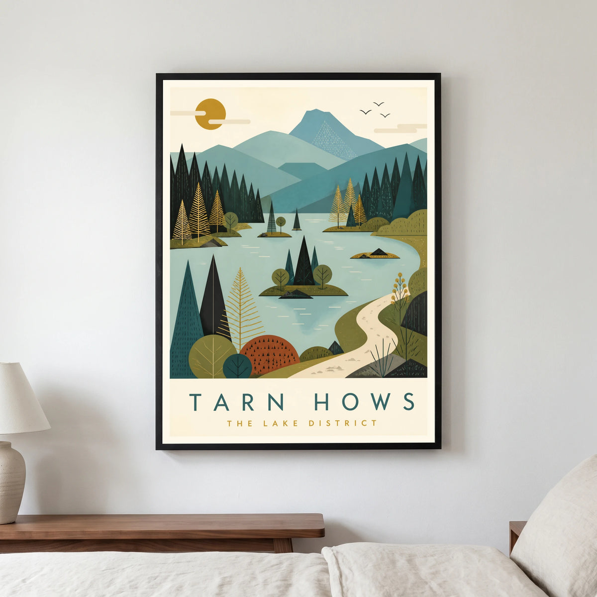 Tarn Hows travel poster in a black frame, hanging in a bedroom3