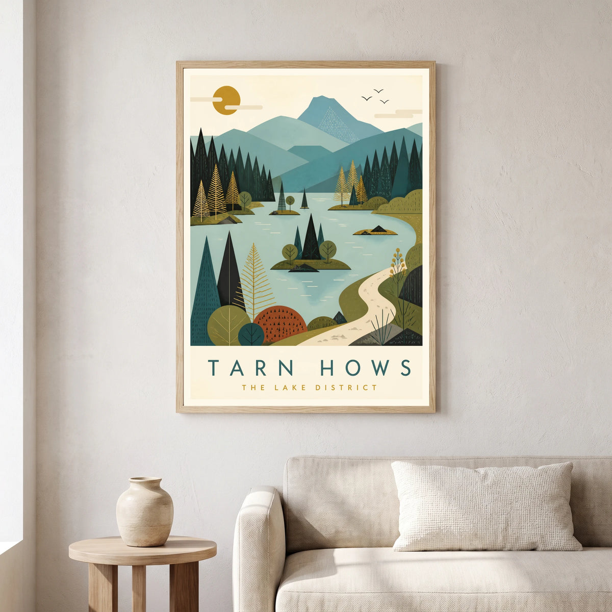 Tarn Hows travel poster in a natural frame, hanging in a living