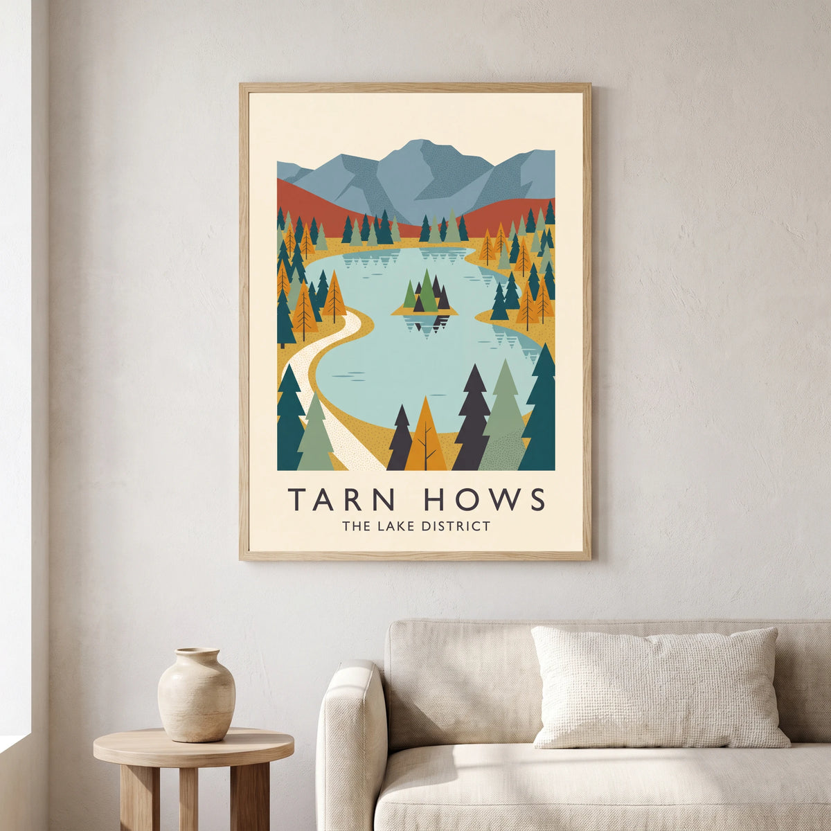 Tarn Hows travel poster in a natural frame, hanging in a living