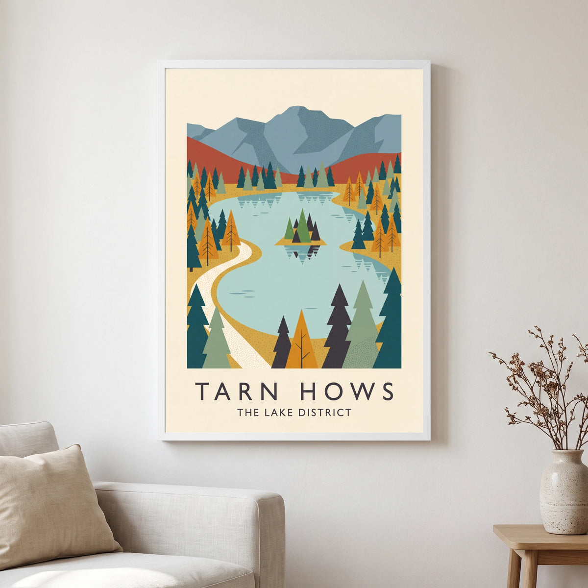 Tarn Hows travel poster in a white frame, hanging in a living2